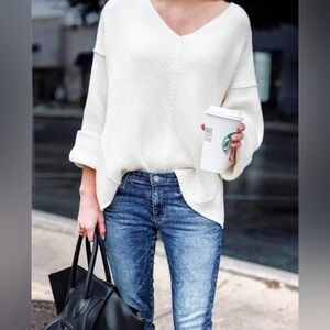 Free People La Brea Ivory Textured Knit Sweater 100% Cotton Size XS